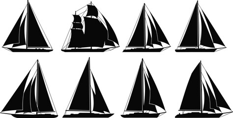 Sailboat Silhouette Collection, Classic Yacht and Sailing Ship Black Vector Illustration Set Isolated on White Background for Nautical Marine Design © Mostofa