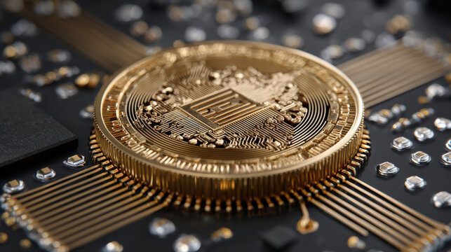 Close-up of gold coin with microchip pattern and secure trading interface, security, digital era asset 