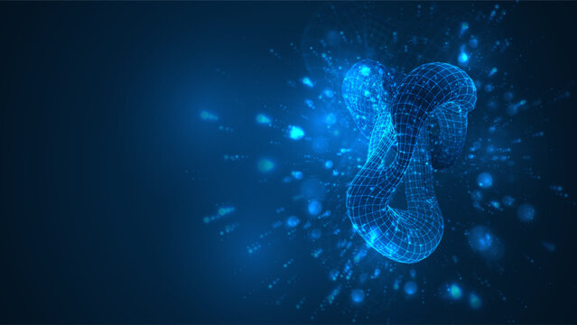 An abstract 3D object on a blue background with bright highlights.