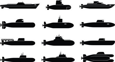 Submarine Silhouette Collection, Military Naval Underwater Warship and Torpedo Vessel Black Vector Illustration Set Isolated on White Background for Maritime Defense Design © Mostofa