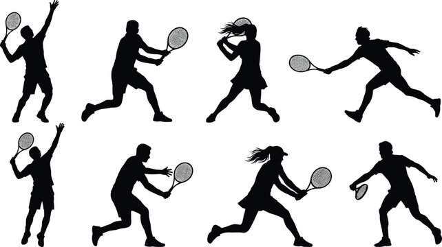 Tennis Player Silhouette Collection, Men and Women Serving and Hitting Forehand Backhand Shots, Black Vector Illustration Set Isolated on White Background