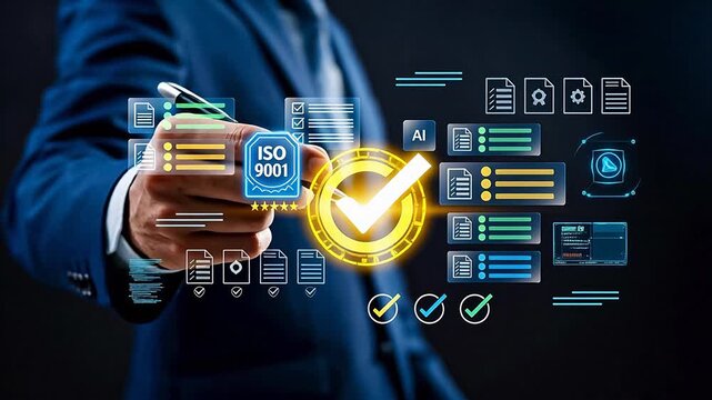 Businessman touching ISO 9001 certification interface