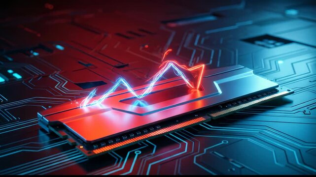 Futuristic RAM module on a circuit board with a glowing digital growth arrow symbolizing high-speed performance and technological advancement.
