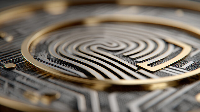 Close-up of gold coin with microchip pattern and secure trading interface, security, digital era asset 