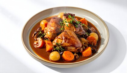Coq au Vin Classic French Chicken on White Background    