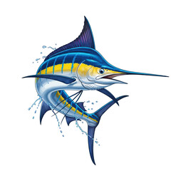 Vector Illustration of a Marlin Fish in Realistic Style with Blue and Yellow Colors