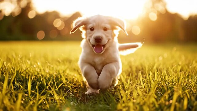 Joyful Golden Retriever puppy playfully bounding through sun-drenched green grass field in the soft, warm golden hour light, radiating happiness and evoking a feeling of pure delight in natu