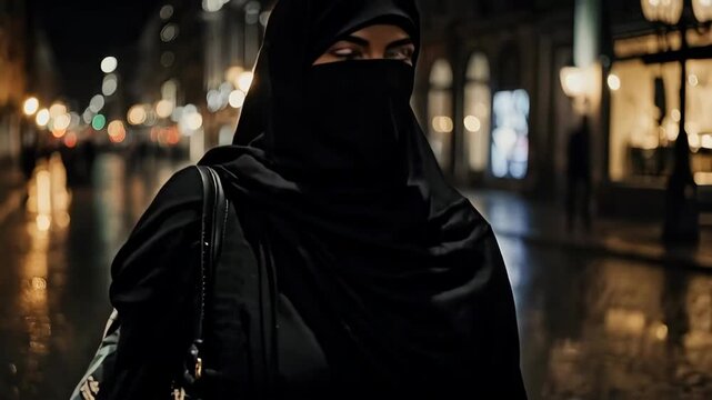 Woman in a black hijab walking through a warmly lit European city at night.