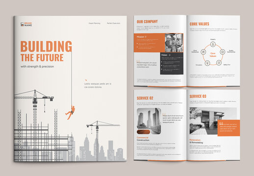 Minimalist Architecture and Engineering Company Profile Layout with Orange Accents