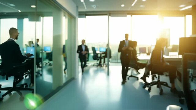 A bright and modern office environment with employees working at desks, sunlight streaming through large windows. 4k Video footage.