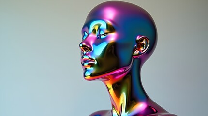 Obraz premium Futuristic portrait sculpture crafted from mirror-finish titanium, soft neon gradients reflecting across the face, clean composition, photorealistic rendering