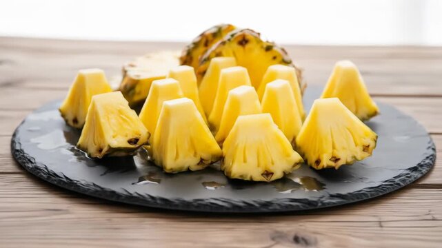 A plate of freshly cut triangular pineapple chunks on a rustic wooden table