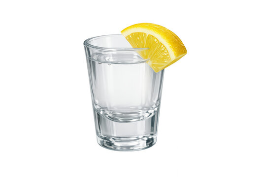 Clear alcohol shot glass with a lemon slice, showing beverage ready for a party or celebration on transparent background