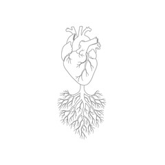 Fototapeta premium Minimalist heart outline with deep root system graphic on transparent background