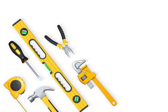 Various construction tools like hammer, pliers, screwdriver and tape measure, isolated on white background, concept of home repair