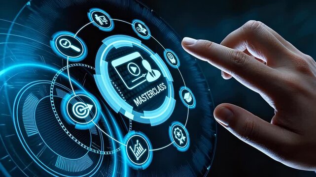 Hand interacting with digital masterclass interface