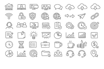 A collection of line icons representing various business and technology concepts, displayed as a grid of simple graphics.
