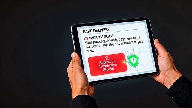 Hands holding tablet with scam alert