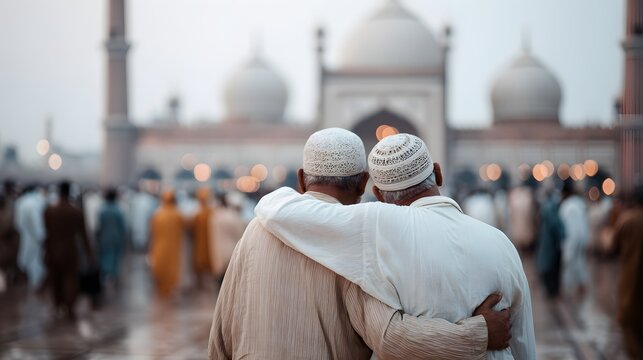 Symbolic embrace of unity and faith before a grand mosque at dawn.