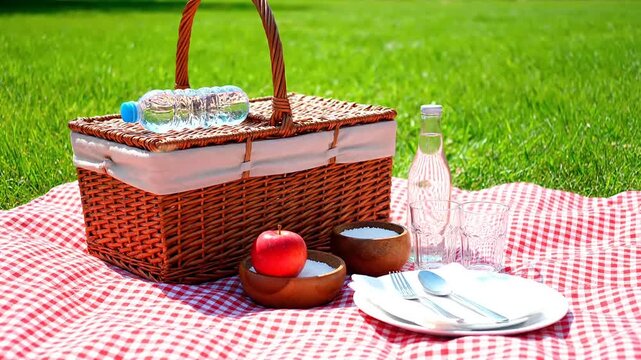 Woven hamper with food and drink set up on checkered blanket outdoors