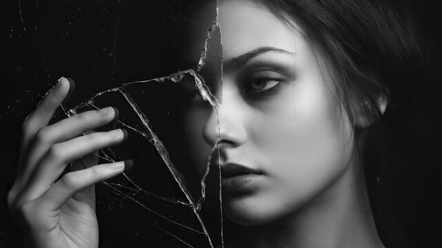 Dramatic black and white portrait of a young woman looking through a shattered mirror representing psychological trauma and identity