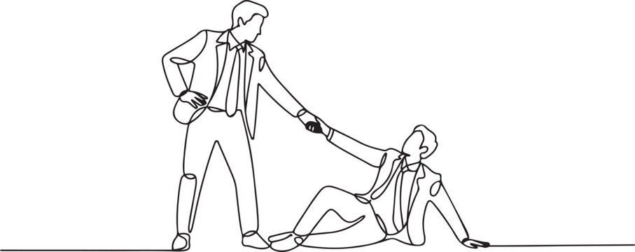 One single line drawing of young happy business man helping his bankrupt partner who lay down on the ground to support to rise up. one line Icon drawing