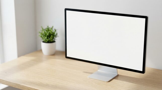 Modern desktop computer monitor displaying a blank white screen on a light wooden desk with copy space for website design mockup or office productivity.