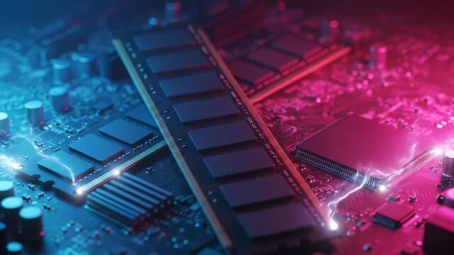 Close-up of computer RAM modules installed on a motherboard with dramatic blue and red neon lighting, symbolizing data transfer and technology.