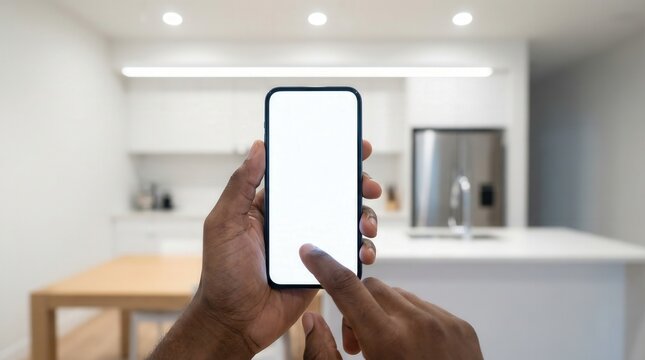 African American hand holding modern smartphone with blank white screen tapping in a contemporary kitchen with copy space for smart home application mockup.