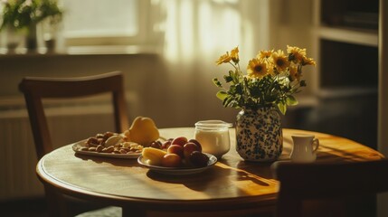 Fototapeta premium Cozy kitchen table with flowers and food in sunlight