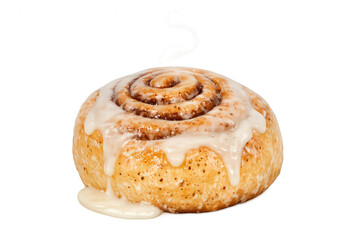 Fototapeta premium Cinnamon roll showcasing sweet icing on spiraling pastry, representing delightful breakfast and dessert baked goods on transparent background