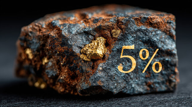 Close-up of gold ore in rough rock with purity percentage display, mining, measurable value