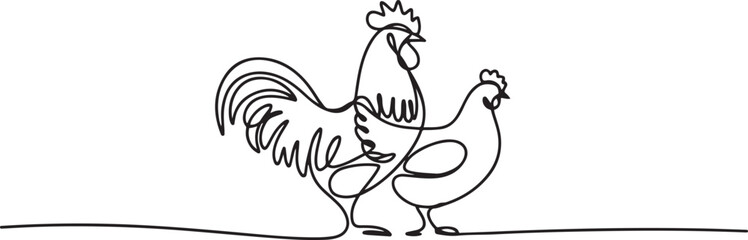Single continuous line drawing a pair of rooster and hen. Made to resemble a logo. Farming symbol. Raising chickens. Husbandry. Mascot. one line Icon drawing © firoz