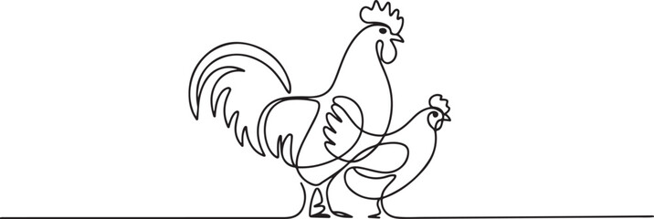 Single continuous line drawing a pair of rooster and hen. Made to resemble a logo. Farming symbol. Raising chickens. Husbandry. Mascot. one line Icon drawing © firoz