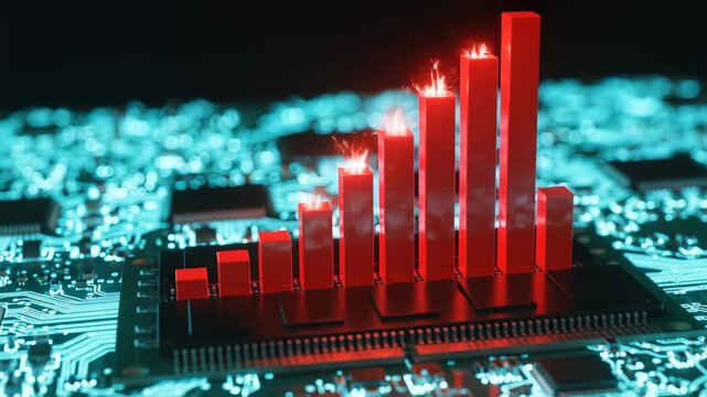 Abstract 3D render of a glowing blue circuit board with rising red bar graphs and sparks representing high-performance computing, data growth, and financial technology success.