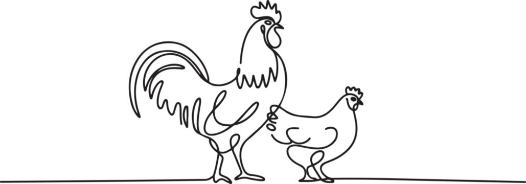 Single continuous line drawing a pair of rooster and hen. Made to resemble a logo. Farming symbol. Raising chickens. Husbandry. Mascot. one line Icon drawing
