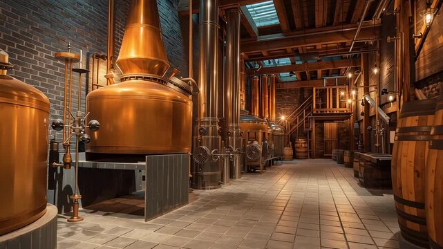 Traditional whiskey distillery interior with copper stills and wooden barrels, warm industrial atmosphere of alcohol production
