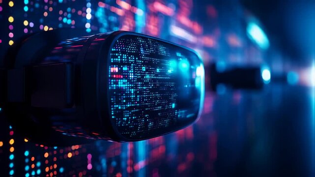 Close-up of a futuristic virtual reality headset displaying vibrant digital patterns against a tech backdrop