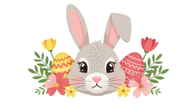 Adorable cartoon easter bunny face surrounded by colorful flowers and easter eggs