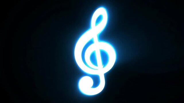 A glowing blue treble clef symbol on a dark background representing music and melody. 4k Video footage.