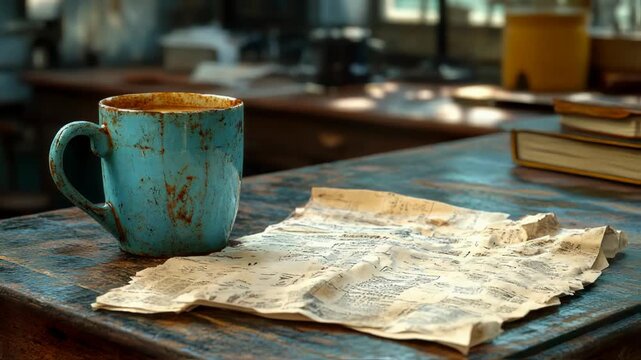 A rustic blue mug sits beside a crumpled map on a wooden table in a sunlit workshop