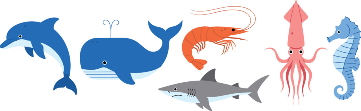 Flat vector illustration set of marine life character collection including dolphin whale shrimp shark squid and seahorse for ocean wildlife nature education and aquatic.