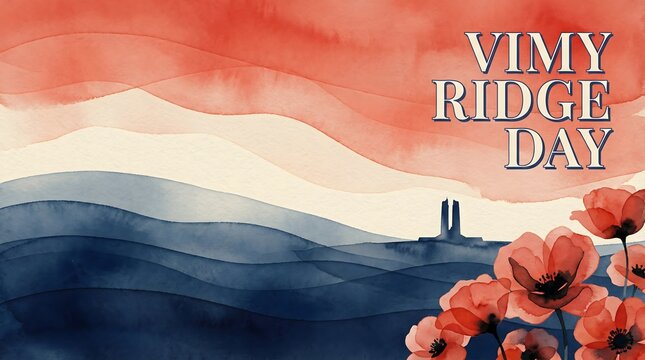 Vimy Ridge Day Watercolor Background with Poppies, Memorial Silhouette