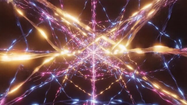 Vibrant neon lights intersect in a dynamic starburst pattern against a dark background