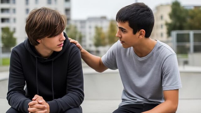 Teenage boy comforting his sad friend sitting outdoors, offering support and empathy during a difficult time.