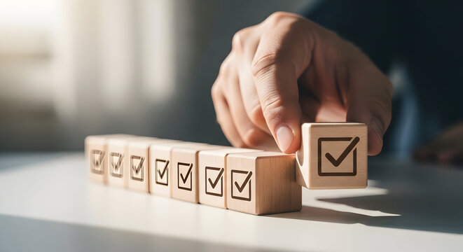 Man Completing Business Process by Placing Final Wooden Block with Checkmark Concept on Light Blur Background