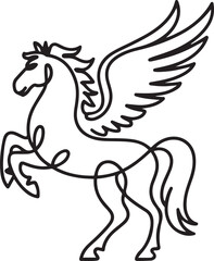 Fototapeta premium Single continuous line drawing pegasus winged stallion mythical animal icon. Vector silhouette of heraldry horse with mane. Horse logo with wing standing pegasus unicorn. one line Icon drawing