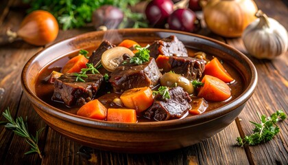 Classic French Boeuf Bourguignon on Rustic Wooden Background