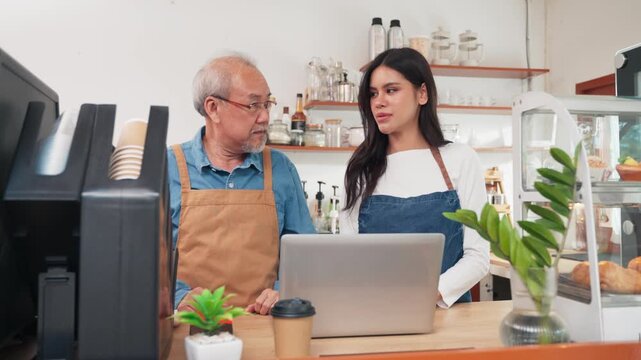 A senior Asian cafe owner and a young barista discuss business on a laptop. Teamwork, small business management, coffee shop operation, and staff training