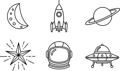 Set of minimalist line art space icons featuring celestial objects a rocket astronaut helmet and UFO perfect for astronomy science fiction and app design © Zohaib